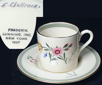 Demitasse cup and saucer marked "E.Challinor, Frederik Lunning, Inc. New York 1037."