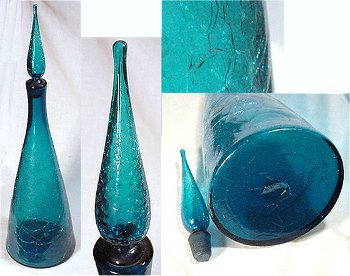 Turquoise crackle glass vase with teardrop stopper by Blenko. Mid-century modern style.