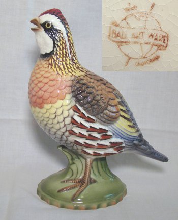 Detailed quail in mid-chirp ink stamped "Ball Art Ware, California".