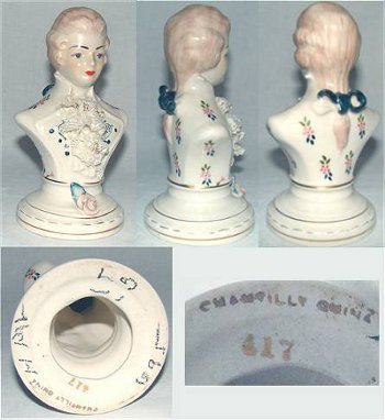 Gold mark of Chantilly China on American pottery figurine base.