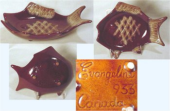 Evangeline Ware 953 in mold mark on fish dish from Canuck Pottery.