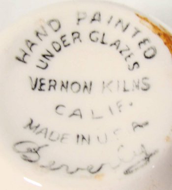 Vernon Kilns circle mark on Beverly demi cup and saucer.
