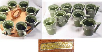 Drip glaze mugs sugar and creamer in wooden tray with Winart foil sticker.