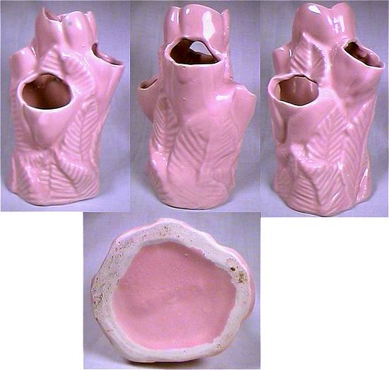 Lightly marked pink Niloak leaf vase made with white clay.